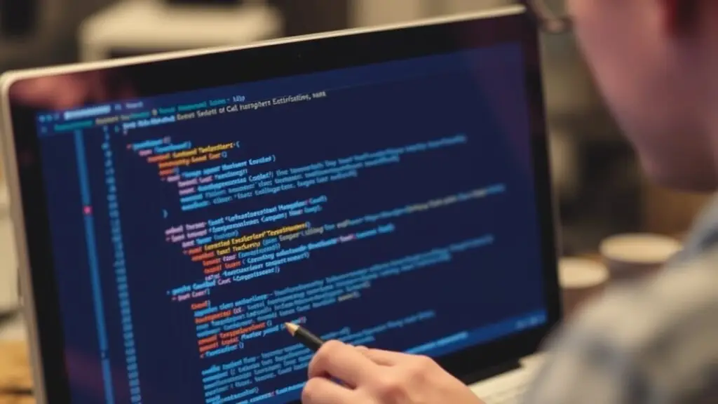 1 pessoal apontando para um computador com código