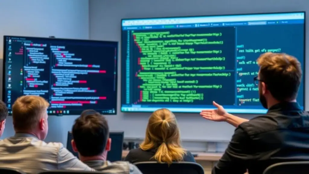 4 pessoas olhando para monitores com codigos