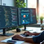 Desenvolvedor de software digitando código em computador com múltiplas telas mostrando linhas de programação, ambiente moderno e iluminado com elementos tecnológicos