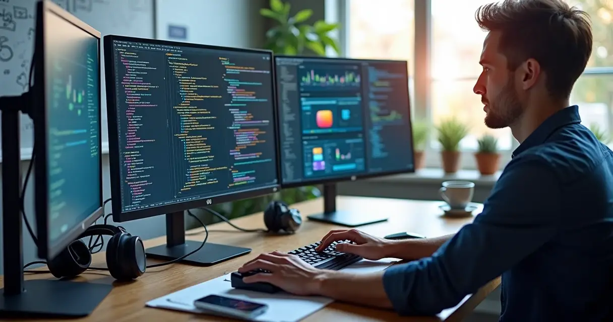 Desenvolvedor de software digitando código em computador com múltiplas telas mostrando linhas de programação, ambiente moderno e iluminado com elementos tecnológicos