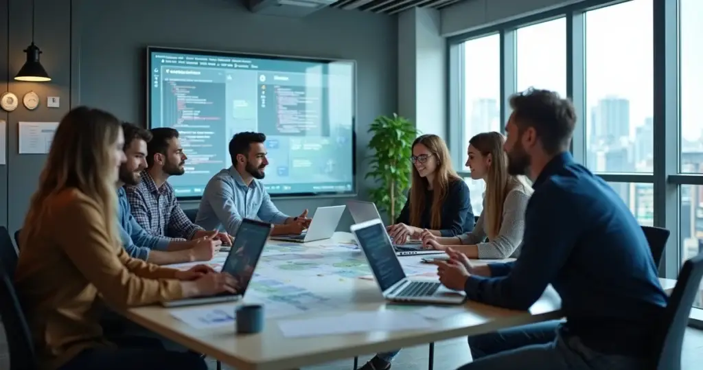 Equipe multidisciplinar trabalhando junta no desenvolvimento de software em ambiente moderno e tecnológico