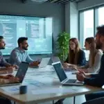 Equipe multidisciplinar trabalhando junta no desenvolvimento de software em ambiente moderno e tecnológico