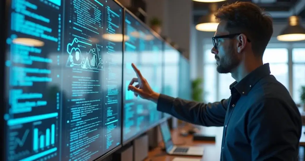 Profissional de tecnologia trabalhando com inteligência artificial em ambiente moderno de desenvolvimento ágil