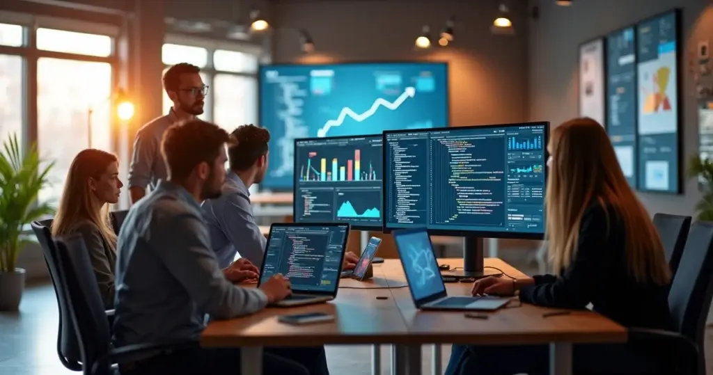 Equipe de profissionais de tecnologia reunida em escritório moderno com computadores e telas exibindo códigos e gráficos digitais