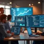 Equipe de profissionais de tecnologia reunida em escritório moderno com computadores e telas exibindo códigos e gráficos digitais
