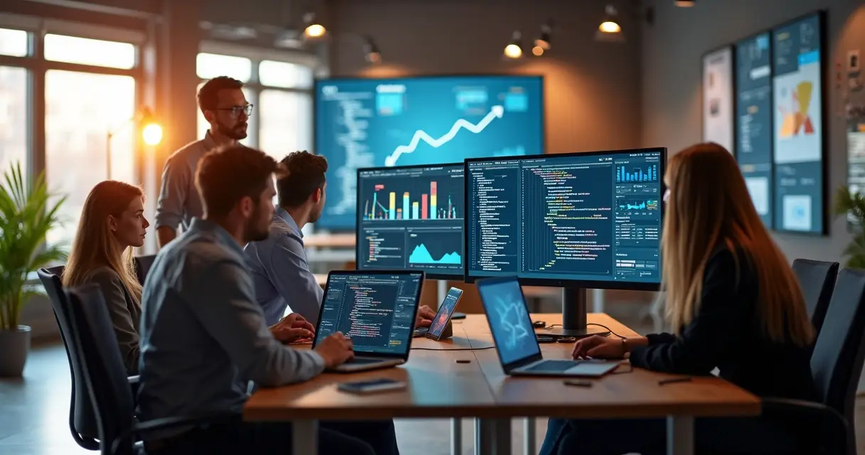 Equipe de profissionais de tecnologia reunida em escritório moderno com computadores e telas exibindo códigos e gráficos digitais