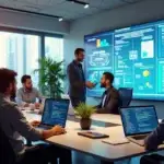 Equipe multidisciplinar trabalhando no desenvolvimento de software com computadores e tablets