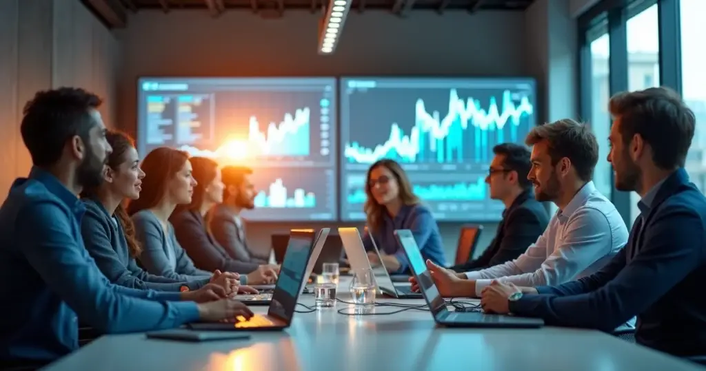 Equipe de profissionais de TI colaborando em escritório moderno com computadores e telas digitais
