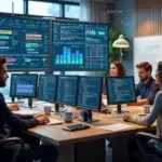Equipe multidisciplinar trabalhando em escritório moderno com computadores e gráficos de software em telas