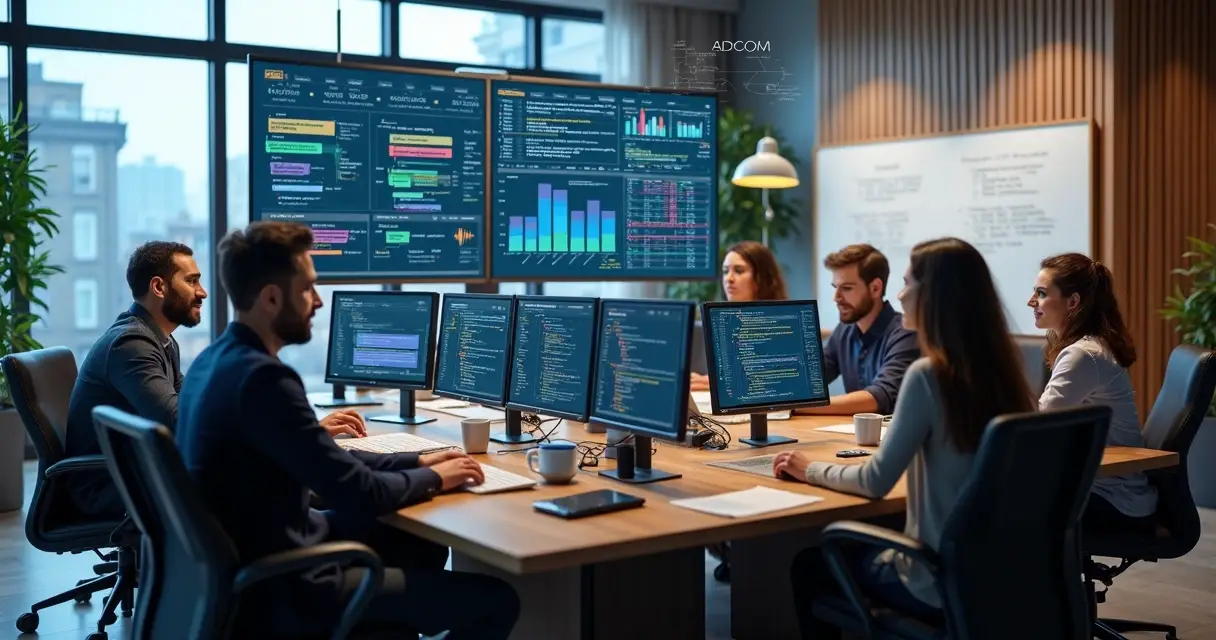 Equipe multidisciplinar trabalhando em escritório moderno com computadores e gráficos de software em telas