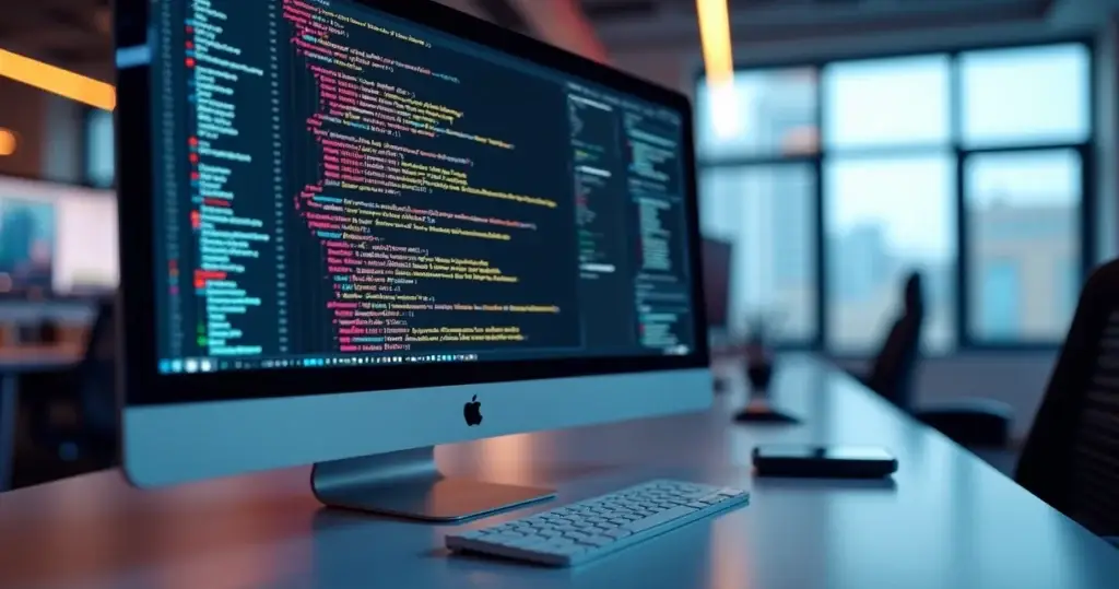 Computador com código de integração de APIs na tela em um ambiente de escritório moderno