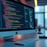 Computador com código de integração de APIs na tela em um ambiente de escritório moderno