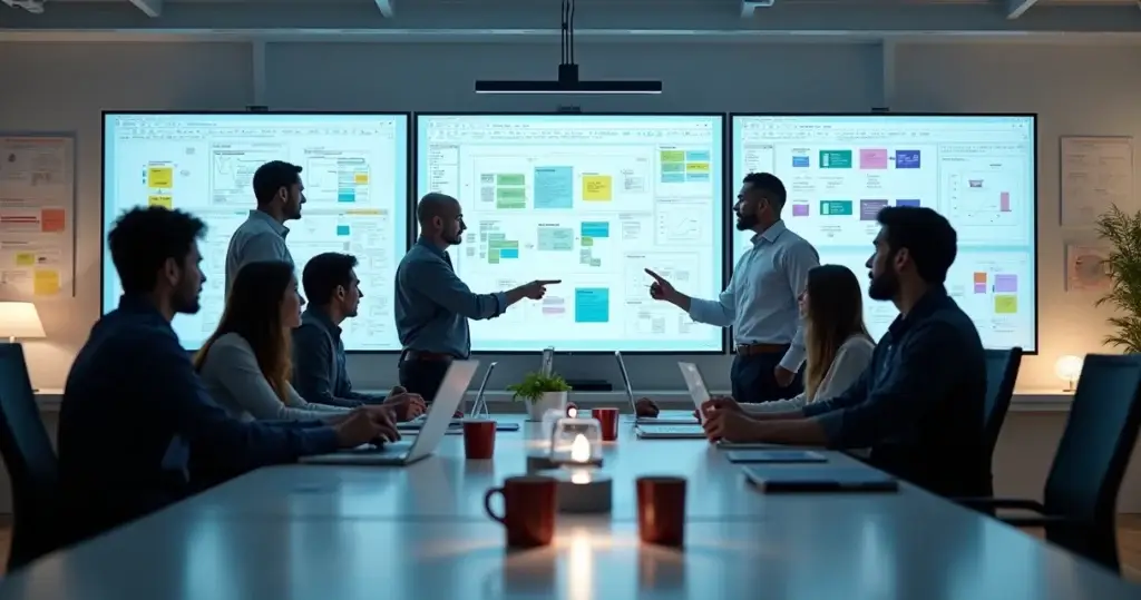 Equipe técnica trabalhando em protótipos e códigos em escritório moderno com telas de computador com gráficos e arquitetura de software