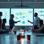 Equipe técnica trabalhando em protótipos e códigos em escritório moderno com telas de computador com gráficos e arquitetura de software