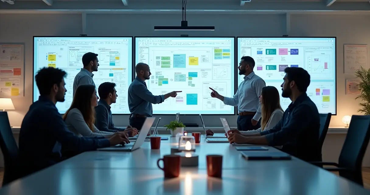 Equipe técnica trabalhando em protótipos e códigos em escritório moderno com telas de computador com gráficos e arquitetura de software