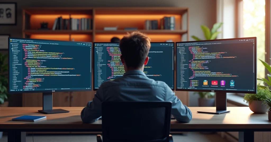 Profissional analisando códigos de diferentes frameworks web em múltiplas telas de computador