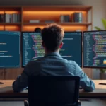 Profissional analisando códigos de diferentes frameworks web em múltiplas telas de computador