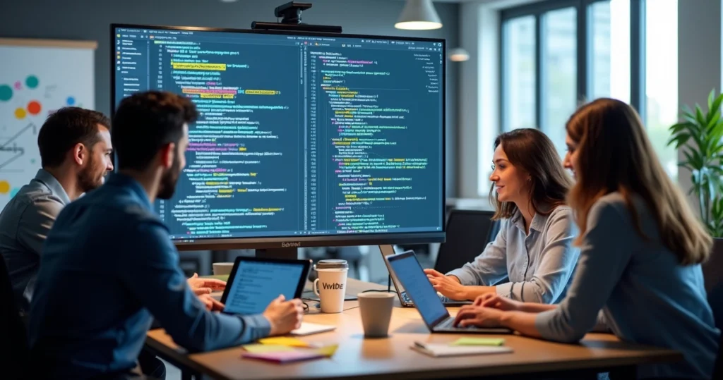 Equipe de programadores analisando código em tela grande com gráficos e anotações ao redor