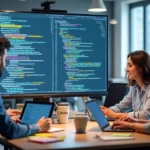 Equipe de programadores analisando código em tela grande com gráficos e anotações ao redor