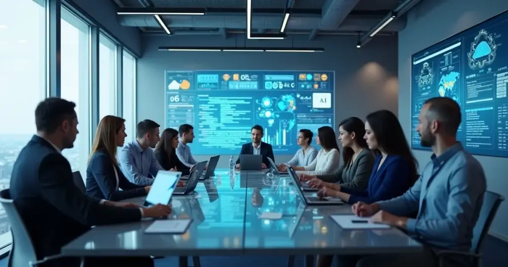 Equipe reunida discutindo projeto de desenvolvimento de software com laptops e gráficos em ambiente moderno