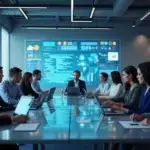 Equipe reunida discutindo projeto de desenvolvimento de software com laptops e gráficos em ambiente moderno