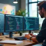Desenvolvedor de software trabalhando em estação moderna com múltiplos monitores mostrando códigos e diagramas