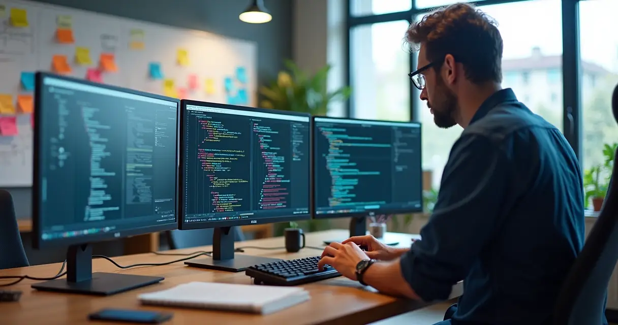 Desenvolvedor de software trabalhando em estação moderna com múltiplos monitores mostrando códigos e diagramas