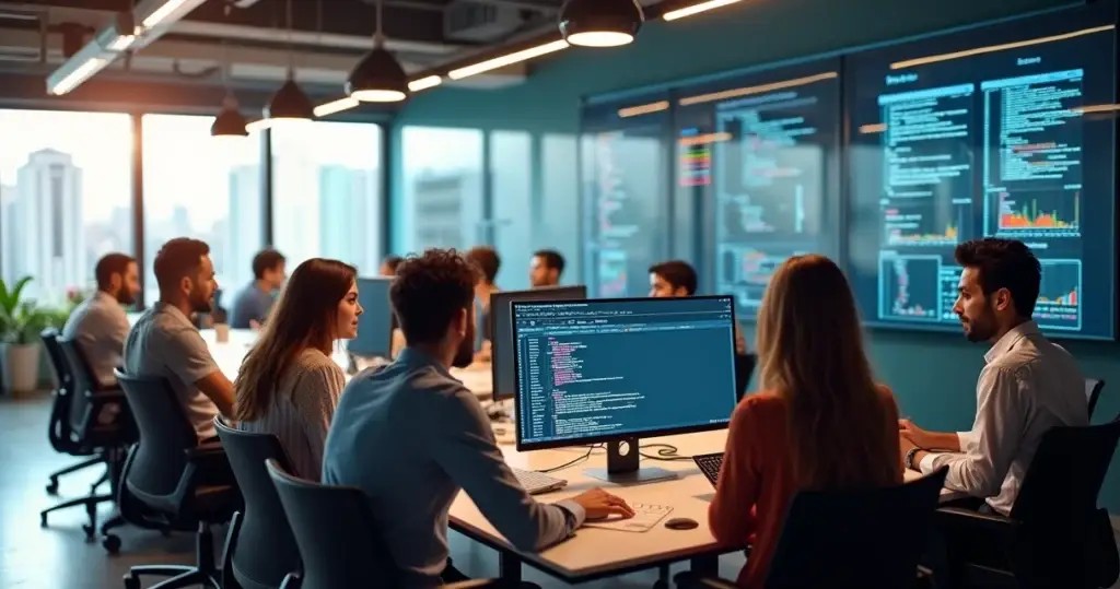 Equipe trabalhando em projeto de software com computadores e gráficos digitais na tela