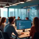 Equipe trabalhando em projeto de software com computadores e gráficos digitais na tela