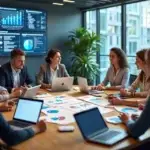 Mesa de reunião com profissionais discutindo projetos de desenvolvimento de software em ambiente moderno e tecnológico