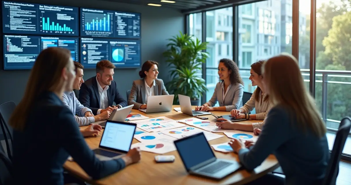 Mesa de reunião com profissionais discutindo projetos de desenvolvimento de software em ambiente moderno e tecnológico