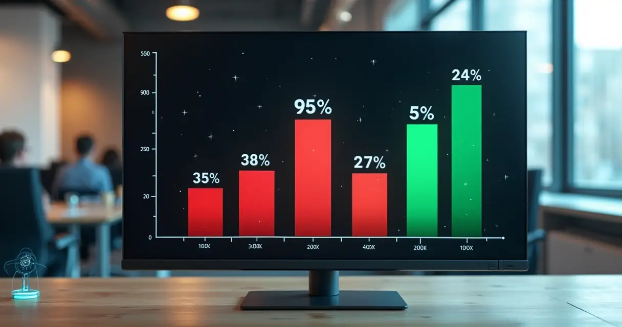 Representação visual de gráfico com 95% em vermelho indicando fracasso e 5% em verde indicando sucesso em inteligência artificial