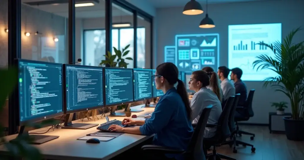 Escritório moderno de software house com equipe trabalhando em computadores e telas com códigos