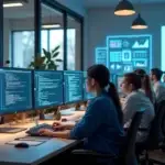 Escritório moderno de software house com equipe trabalhando em computadores e telas com códigos