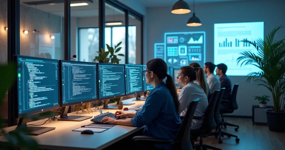 Escritório moderno de software house com equipe trabalhando em computadores e telas com códigos