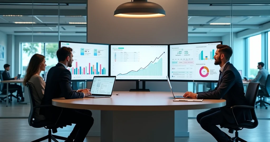 Equipe em escritório moderno observando painel digital com automação de processos