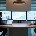 Equipe em escritório moderno observando painel digital com automação de processos