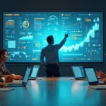 Gestores analisando painel digital com indicadores de eficiência operacional