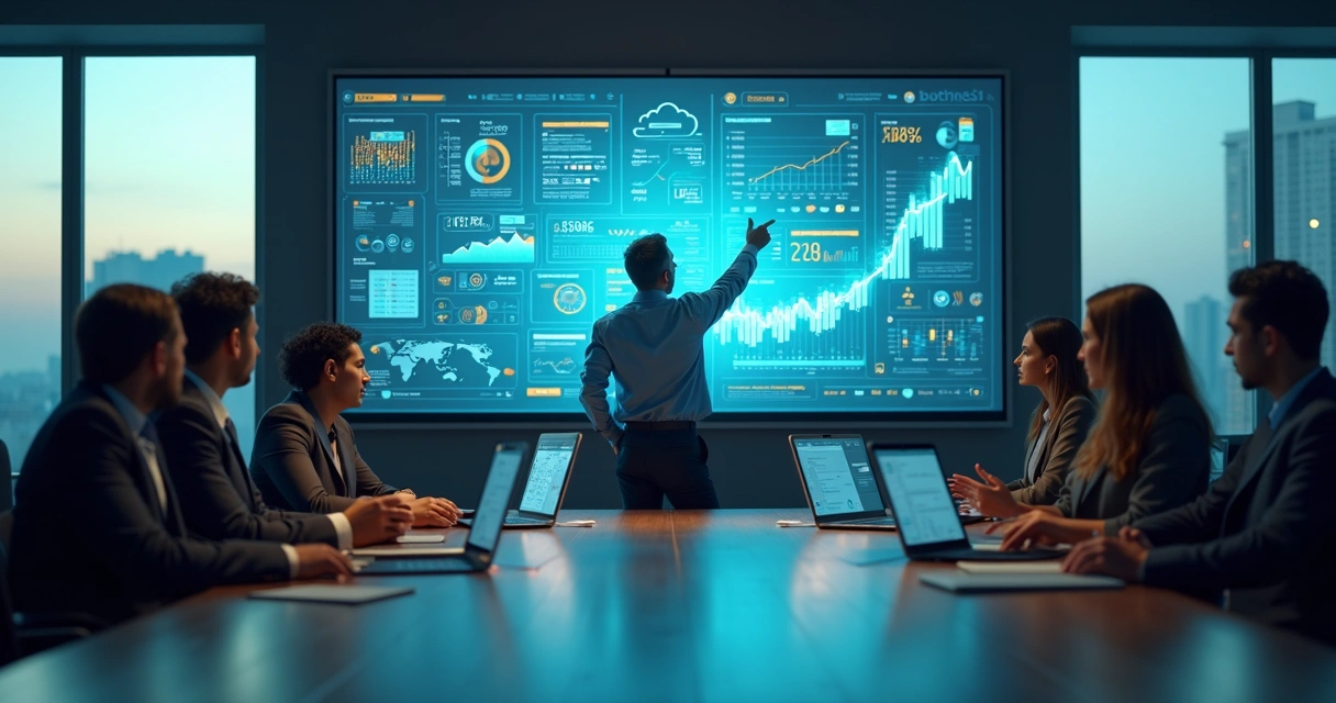 Gestores analisando painel digital com indicadores de eficiência operacional