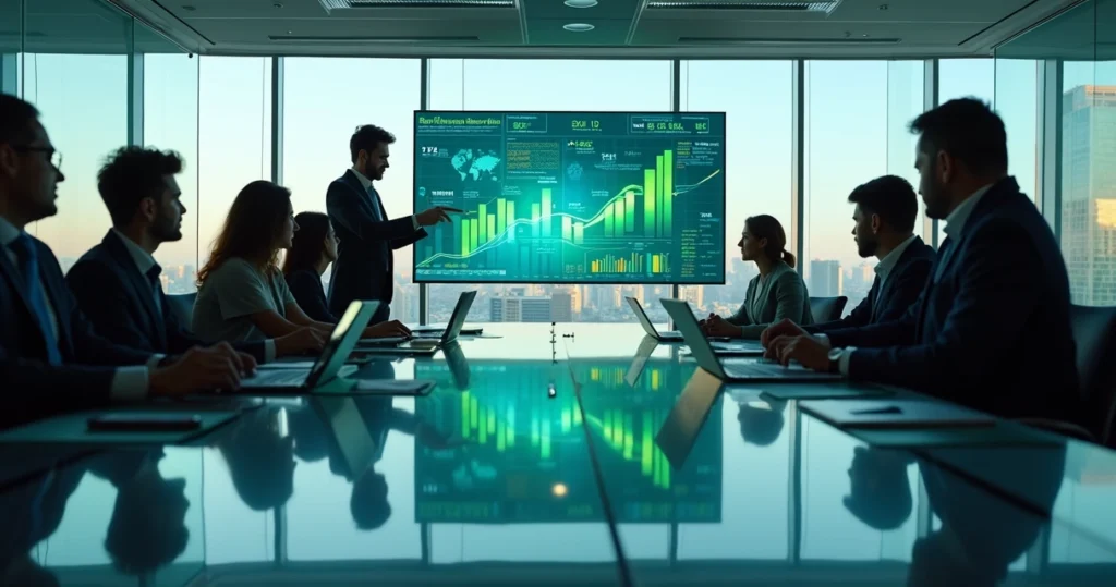 Equipe analisa gráficos de lucro em tela digital com ícones de tecnologia ao fundo