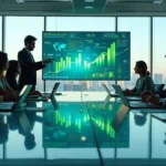 Equipe analisa gráficos de lucro em tela digital com ícones de tecnologia ao fundo