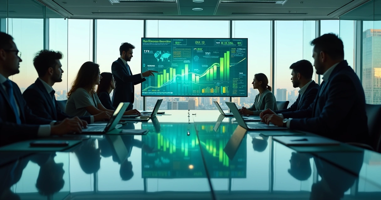 Equipe analisa gráficos de lucro em tela digital com ícones de tecnologia ao fundo