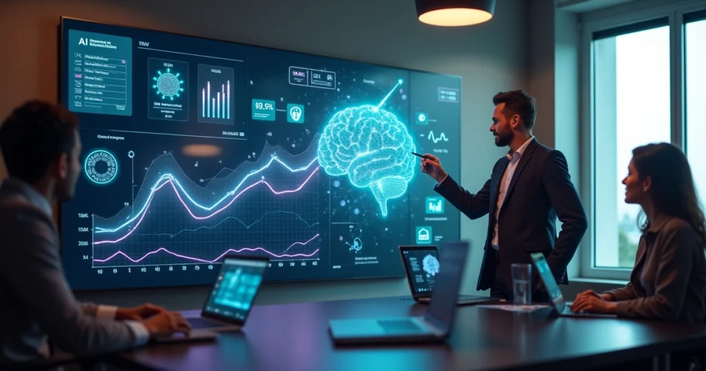 Equipe analisando painel digital com ícones de inteligência artificial e dados empresariais