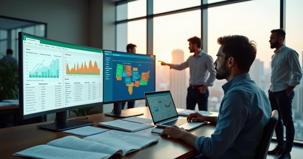 Equipe em escritório trocando planilhas por sistema moderno na tela