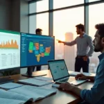 Equipe em escritório trocando planilhas por sistema moderno na tela