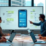 Equipe de desenvolvedores de aplicativo planejando solução mobile para empresa