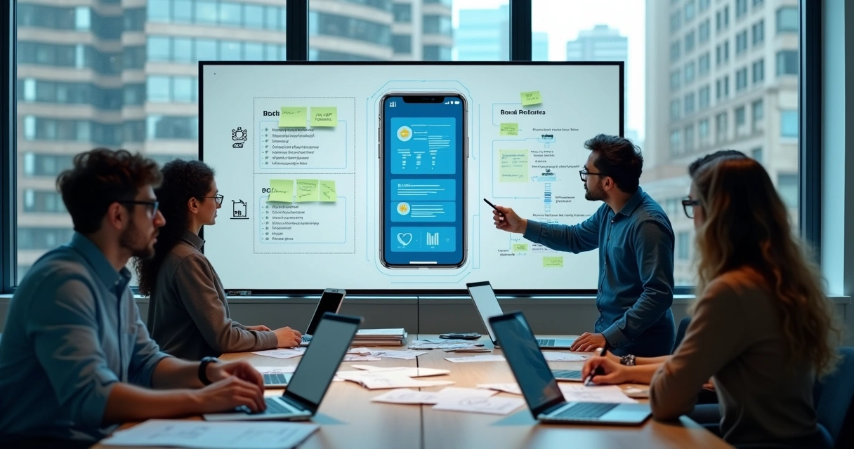Equipe de desenvolvedores de aplicativo planejando solução mobile para empresa