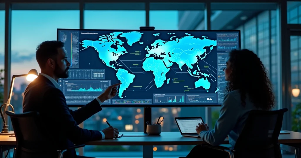 Equipe de TI terceirizada colaborando em frente a telas com dados em nuvem