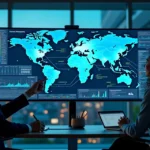 Equipe de TI terceirizada colaborando em frente a telas com dados em nuvem