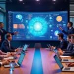 Sala de reunião moderna com executivos analisando dados em telas com ícones de inteligência artificial